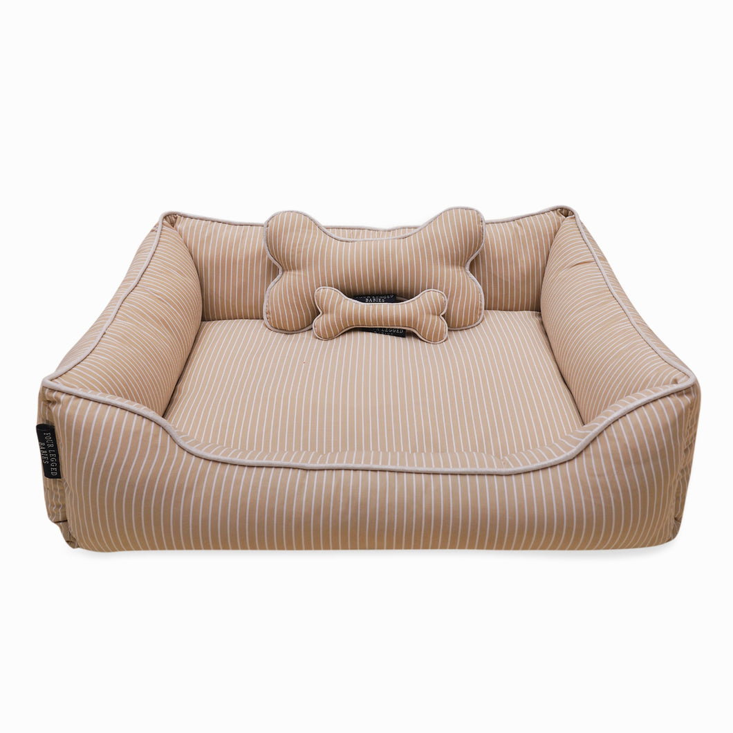 Pinstripe Beige Cotton Luxurious Dog Bed Removable Cotton Cover & Machine Washable Bed For Daily Use