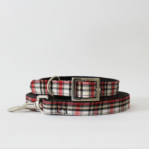 White & Red Plaid Collar & Leash set