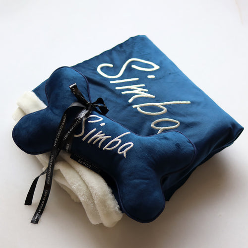Personalised gift set Midnight Luxurious Dog blanket & Bone set