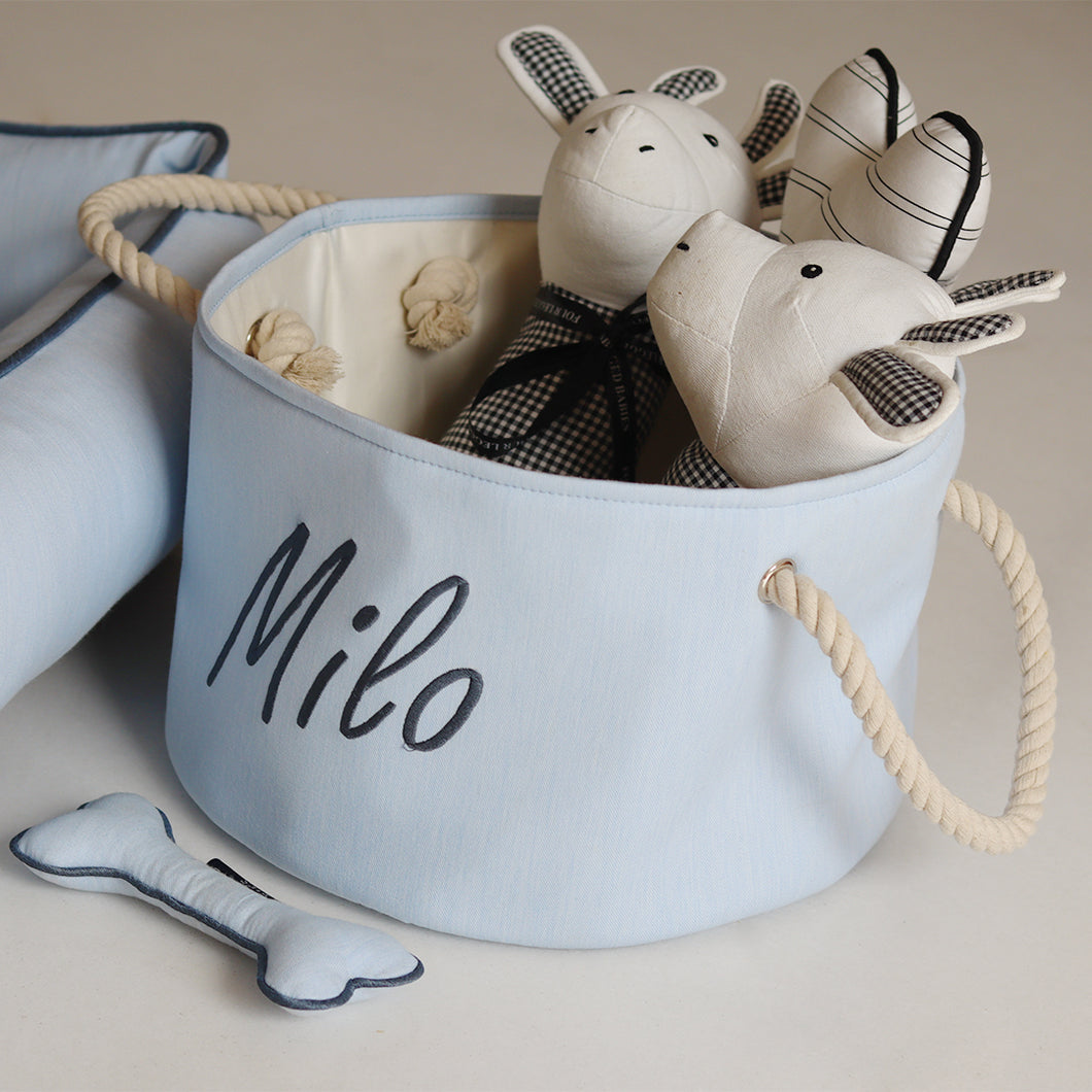 Personalised dog toy basket - soft blue