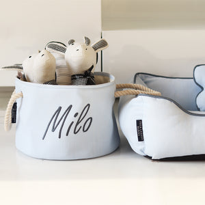 Personalised dog toy basket - soft blue